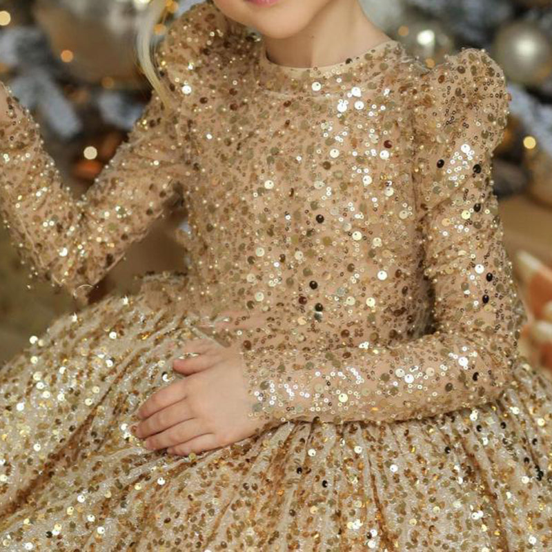 Baby Girl Fluffy Sequin Ball Gown Long Sleeve Birthday Party Princess Dress