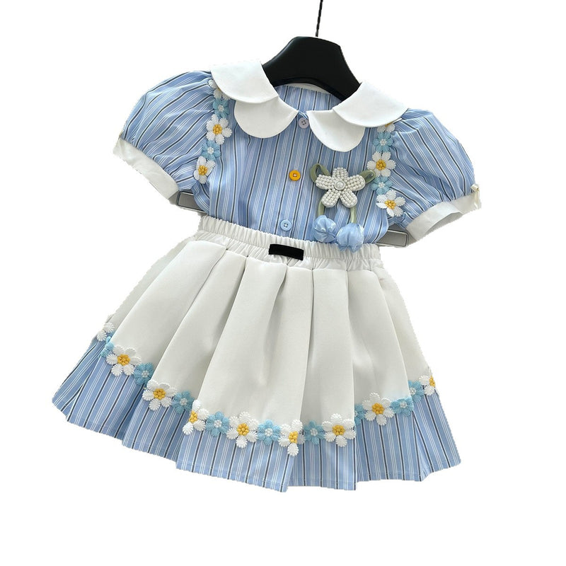 Girls Summer Striped Shirt Flower Pleated Skirt Two-piece Set