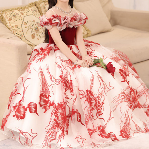 Girls Red Birthday Dress Girls Elegant Prom Princess Dress
