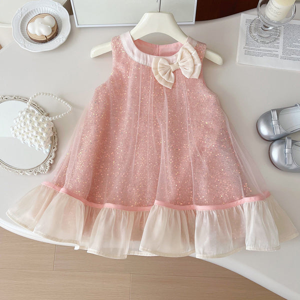 Girls Summer Sleeveless Vest Bowknot Sequined Princess Dress