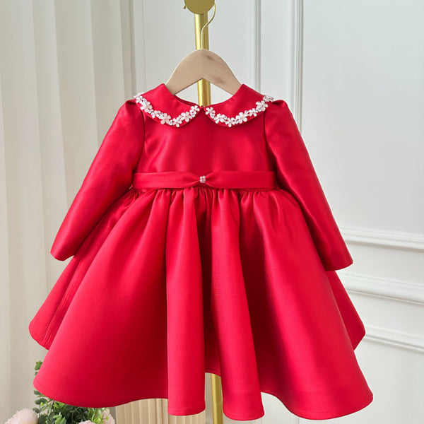 Cute Baby Girl with Flower Doll Collar Red Princess Dress Girl Toddler First Communion Dress