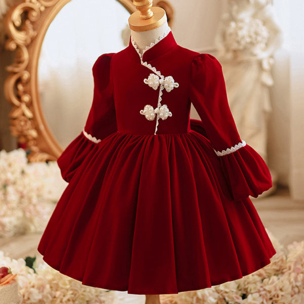 Flower Girl Dress Baby Girl Birthday Dress Girl Red Party Velvet Princess Dress