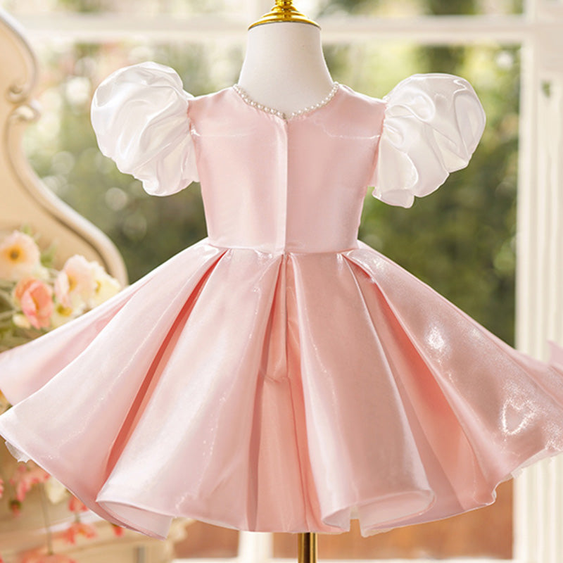 Cute Baby Girl Pink Flower Girl Wedding Puff Sleeve Bow Dress Toddler First Communion Dress