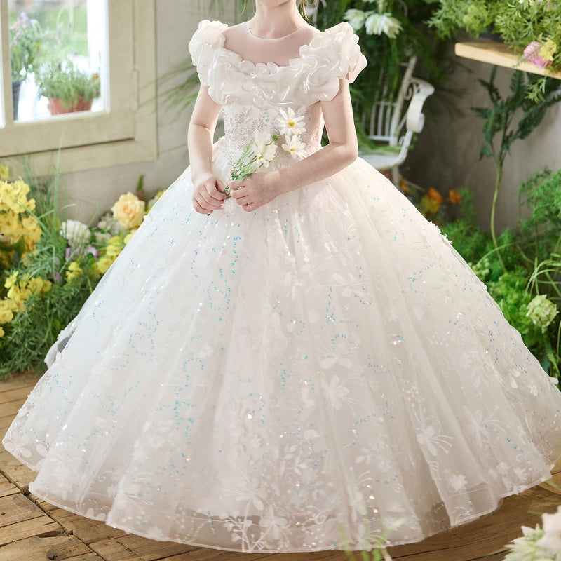 Girls White Birthday Princess Dress Children's Communion Dress Flower Girl Wedding Dress