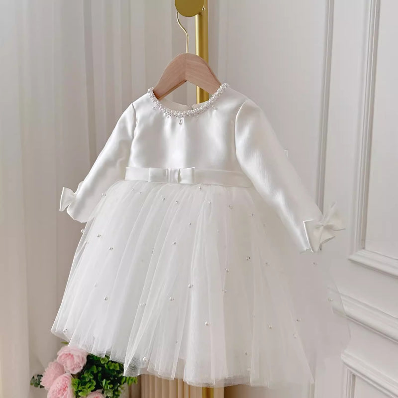 Elegant Baby Girl White Flower Girl Puff Princess Dress Toddler First Birthday Dress