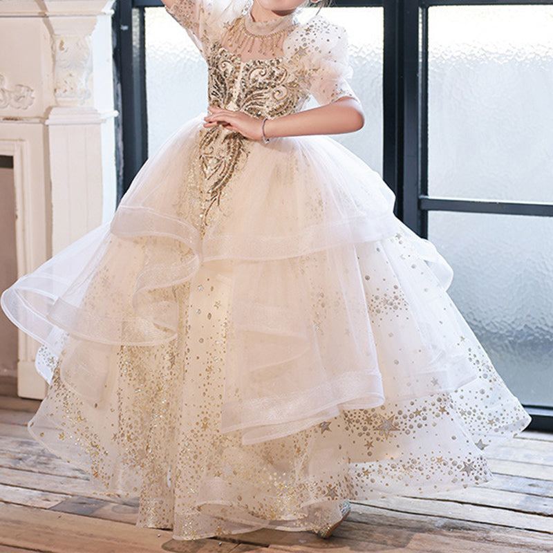 Elegant Baby Girl Long White Sequin Birthday Party Princess Dress Toddler Beauty Pageant Dress