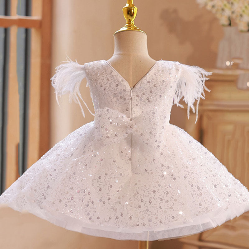 Cute Flower Girl Sleeveless Fringe Removable Bow Sequins Princess Dress