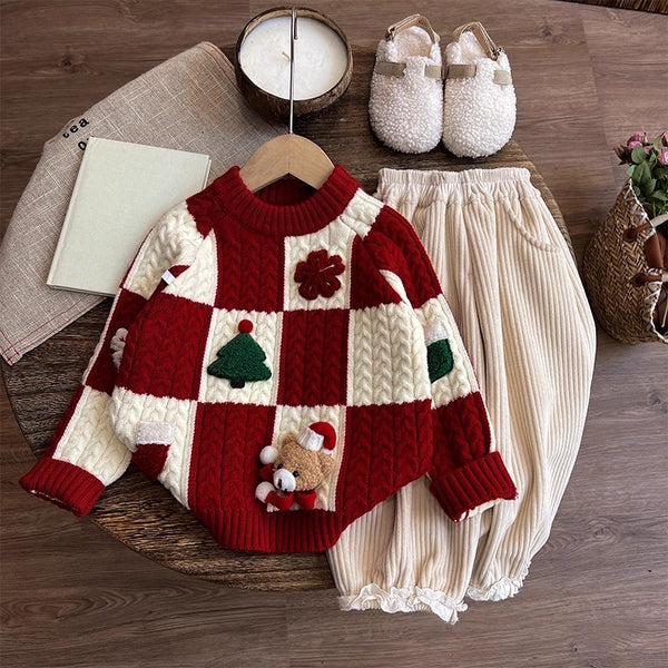 Girls' Autumn New Year Greetings Sweater and Pants Two-piece Set