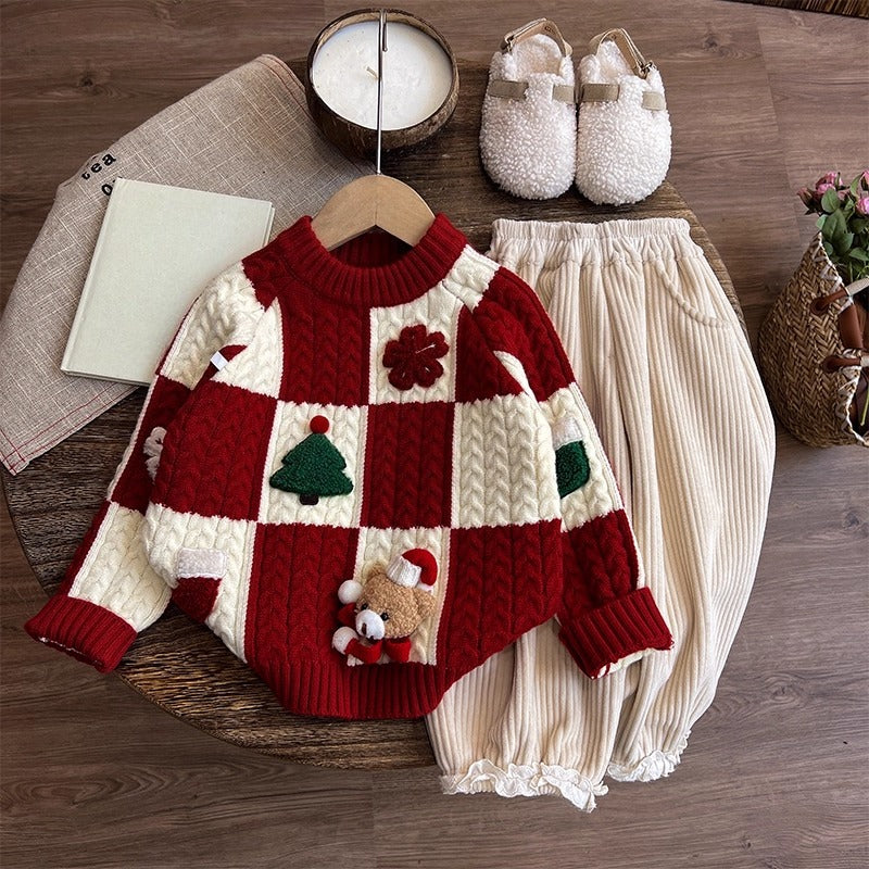 Girls' Autumn New Year Greetings Sweater and Pants Two-piece Set