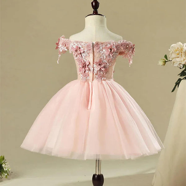 Cute Toddler Girl Lace Floral Pink Wedding Dress Girls Birthday Party Princess Dress