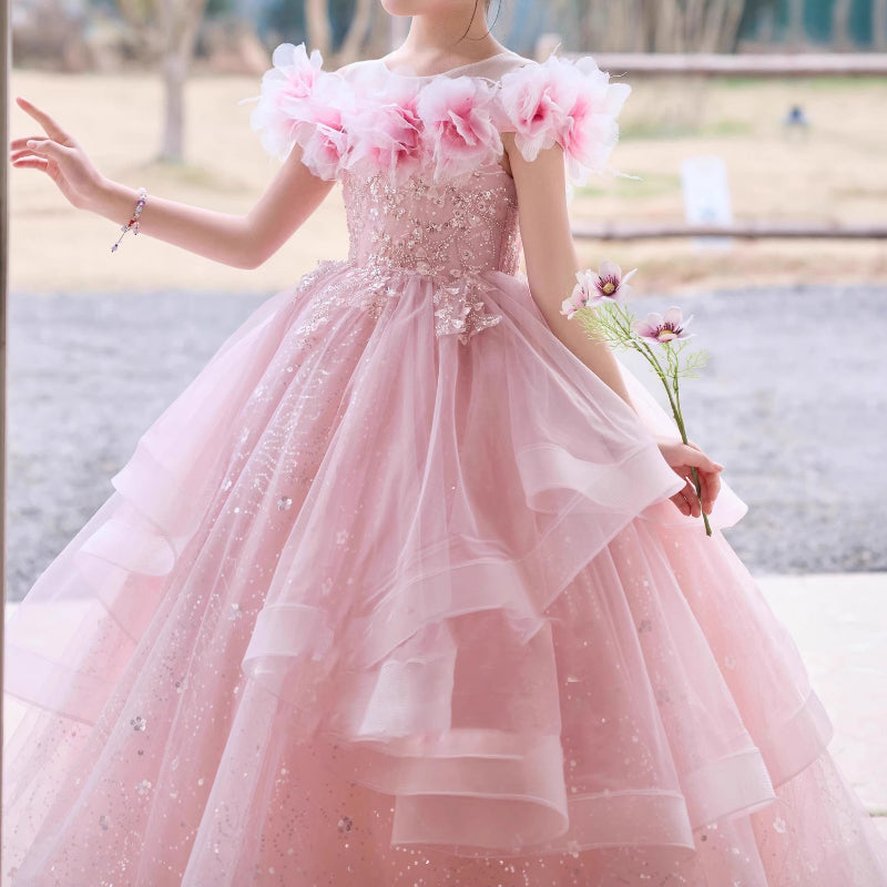 Girls Pink Prom Princess Dress Girls Birthday Elegant Dress