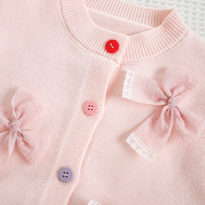 Girls Bowknot Solid Color Knitted Cardigan Mesh Tulle Puffy Skirt Two-Piece Set