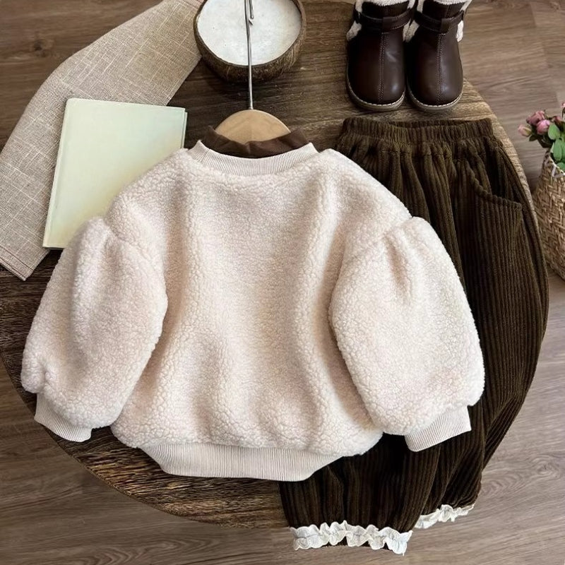Girls' Autumn New Fleece Top and Pants Two-piece Set