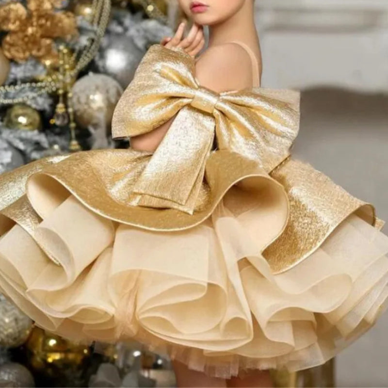Girls Gold Satin Birthday Dress Baby Baptism Princess Dress