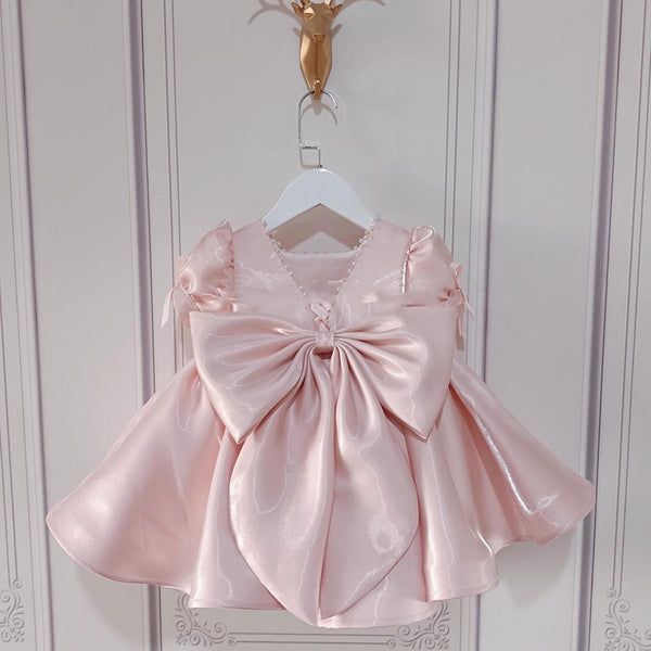 Elegant Baby Girls Dress Satin Pink Tutu Christening Dress Toddler Birthday Party Princess Dress