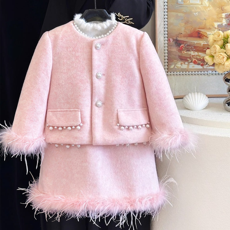 Girls' Winter Princess Coat Vest Dress Two-piece Set