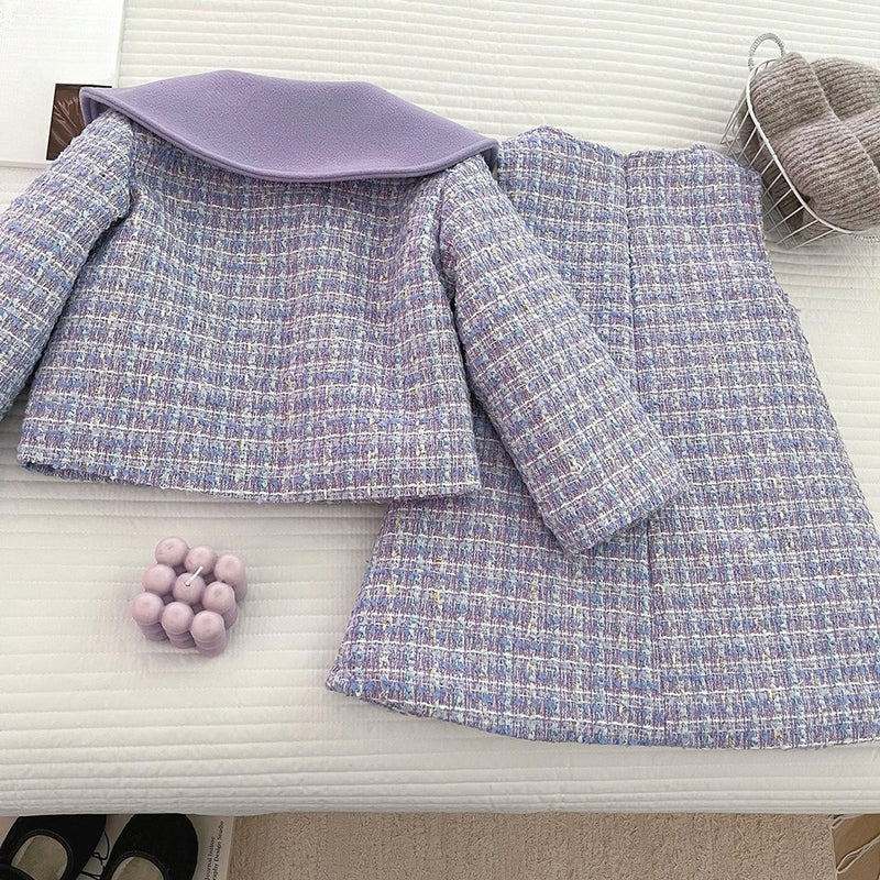 Girls' Winter Collared Plaid Coat Vest Dress Two-Piece Set
