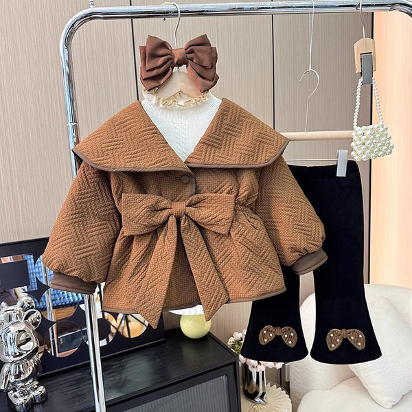 Cute Girl's Khaki Bow Warm Three-piece Set
