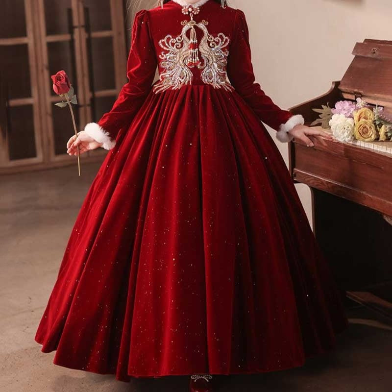 red velvet dresses christmas Girls' Christmas Dresses Girls' Birthday Velvet Dresses Children's Ball Princess Dresses