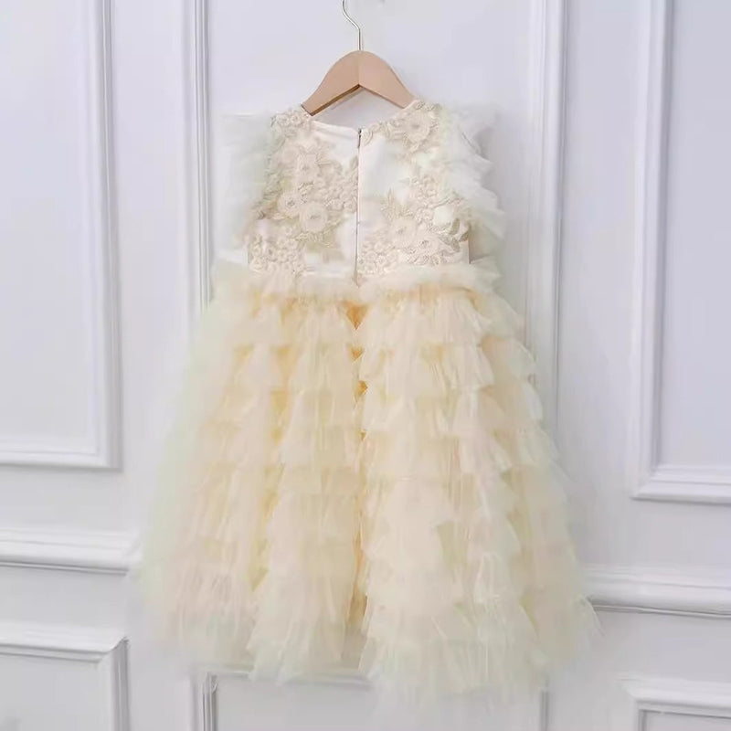 Multi-layer Cake Dress Flower Girl Dress Champagne Embroidery
