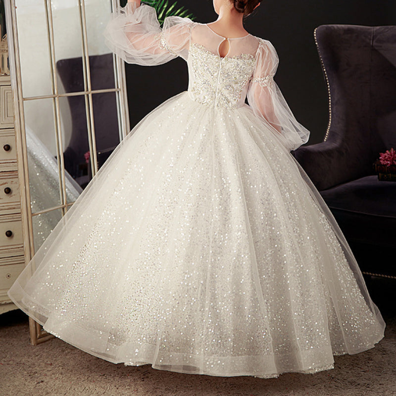 Girls White Sequin Dress Children Birthday Princess Dress
