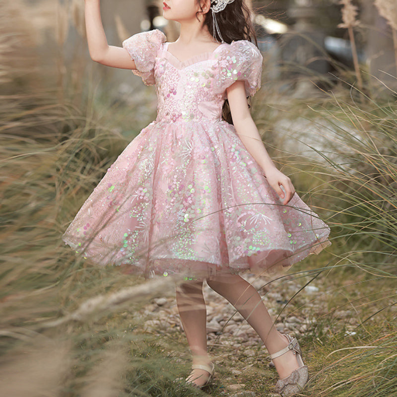 Girls Birthday Princess Dress Pink Flower Girl Wedding Dress