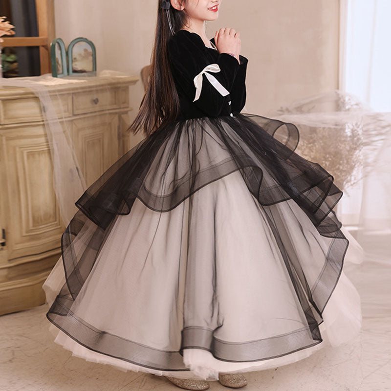 Elegant Baby Girls Black and White Long Sleeve Puffy Performance Princess Dress Toddler Birthday Party Princess Dress