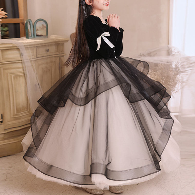 Flower Girl Dresses - Elegant Baby Girls Black and White Long Sleeve Puffy Performance Princess Dress Toddler Birthday Party Princess Dress, Black / 9 Flower Girl Dresses - Elegant Baby Girls Black and White Long Sleeve Puffy Performance Princess Dress Toddler Birthday Party Princess Dress, Black / 9