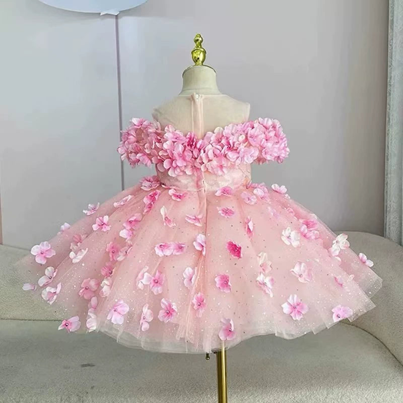 Baby Girls Pink Birthday Dress Flower Girl Wedding Princess Dress