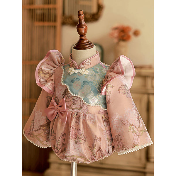 Cute Baby Girls Pink Embroidered Bow Romper