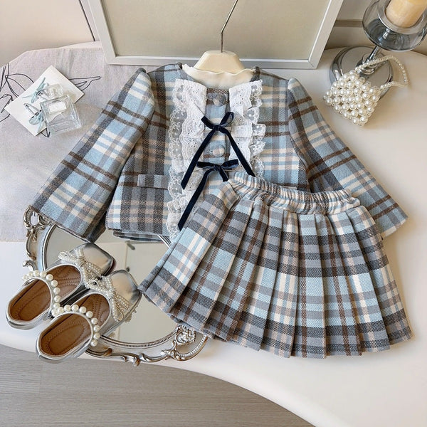 Girls' Winter Warm Coat and Pleated Skirt Two-Piece Set