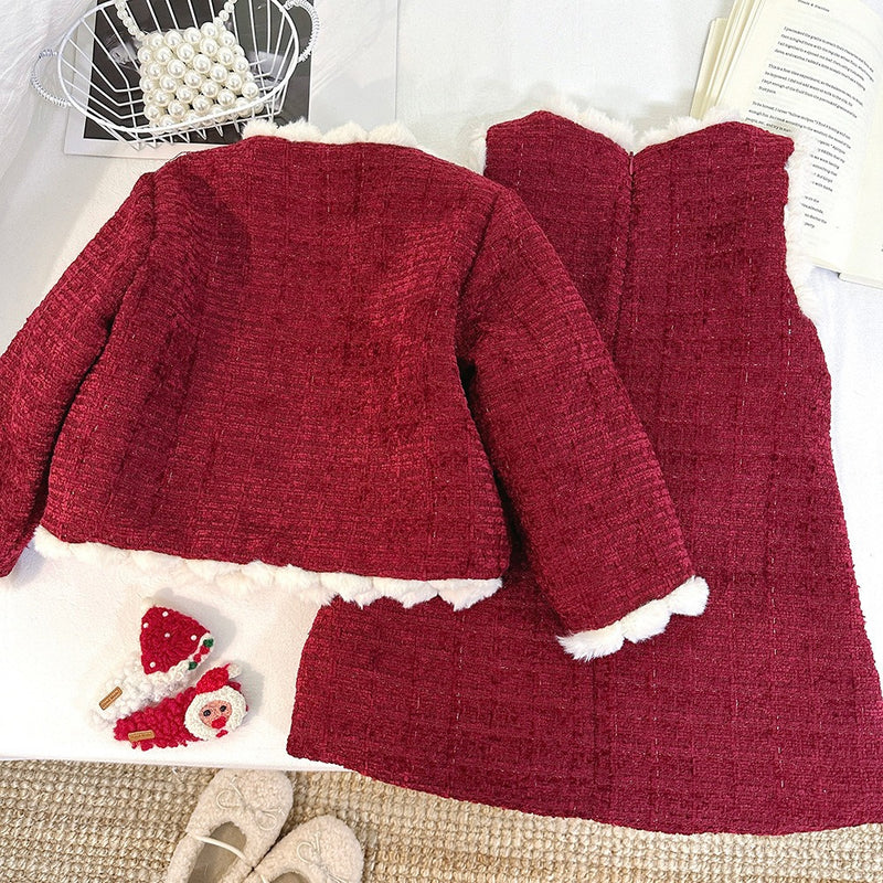 Baby Girl Winter Coat Vest Dress Two-piece Set