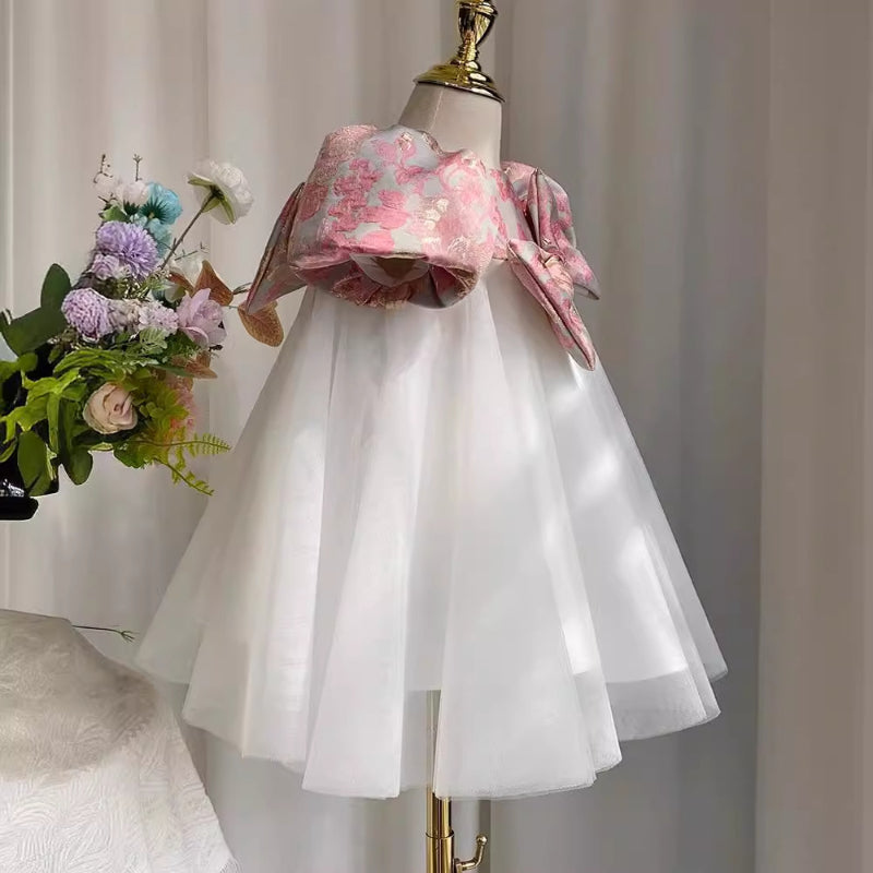 Cute Baby Bow Floral High Waist White Gauze Dress Toddler Party Dresses