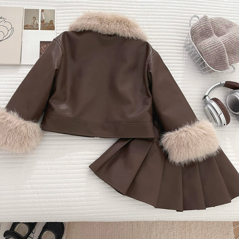 Girls' Winter PU Leather Jacket and Skirt Two-Piece Set
