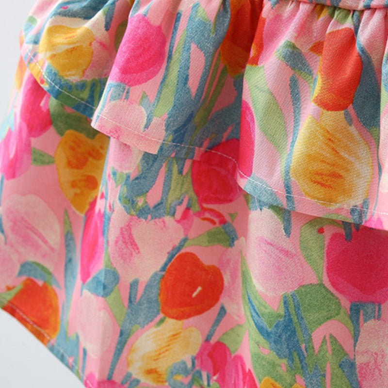 Summer New Girls Printed Suspender Cotton Cake Dress
