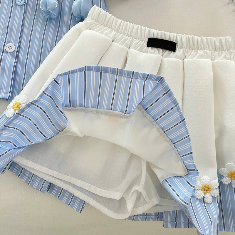 Girls Summer Striped Shirt Flower Pleated Skirt Two-piece Set