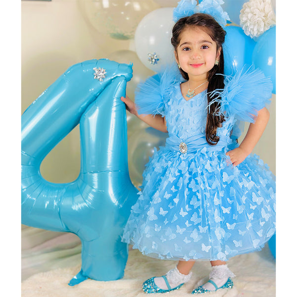 Cute Blue Butterfly  Pageant Dress Toddler First Birthday Party Princess Dress