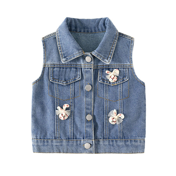 Girls' Cartoon Denim Vest Toddler Fall Cute  Playful Radish Denim Vest Sleeveless Lapel Vest