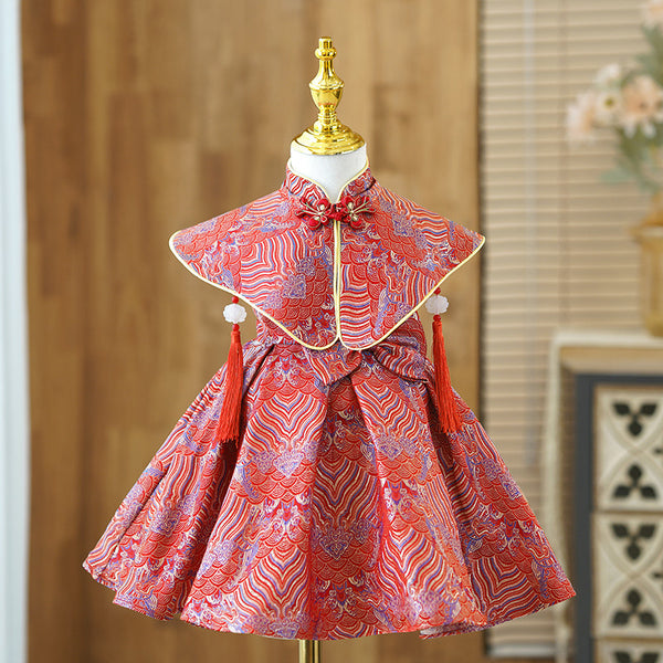 Elegant Baby Girls Red Pattern Shawl Dress Toddler Birthday Dresses New Chinese Style Birthday Princess Dress