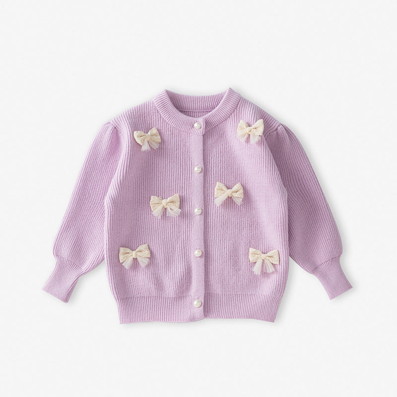 Cute Girls Round Neck Bow Cardigan Jacket