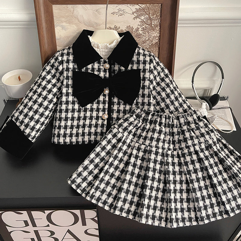 Cute Baby Girl New Year's Bow Plaid Two-piece Coat and Skirt