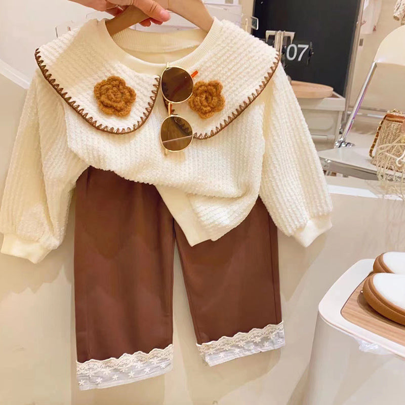 Cute Baby Girl Two-piece Doll Collar Bottoming Shirt Lace Wide-leg Pants