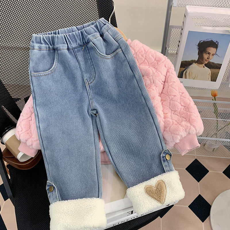 Cute Girls' Plush Bunny Two-piece Sweater and Jeans Set