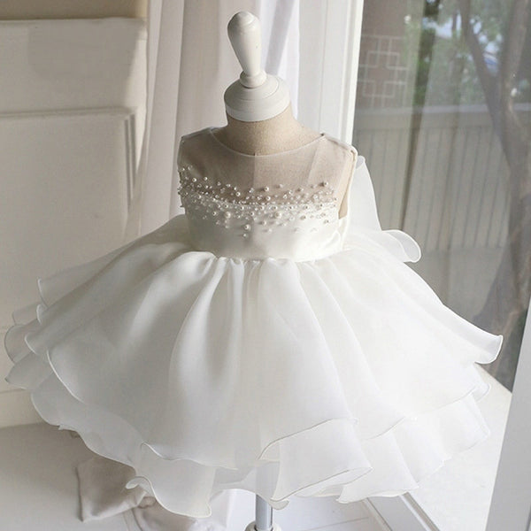Sweet Baby Girls White Sleeveless Pearl Mesh Princess Dress Toddler First Communion Dress