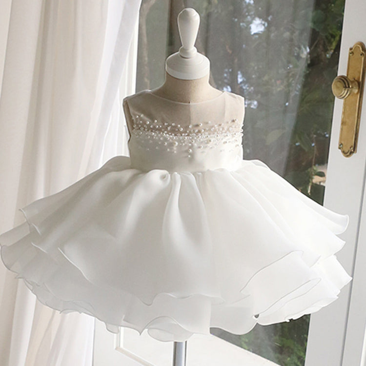 Sweet Baby Girls White Sleeveless Pearl Mesh Princess Dress Toddler First Communion Dress