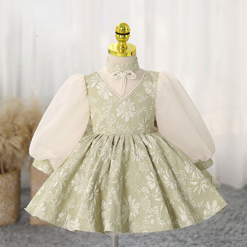 Elegant Baby Girls Green Puff Sleeve Embroidered Christening Dress Toddler Birthday Costume Princess Dress