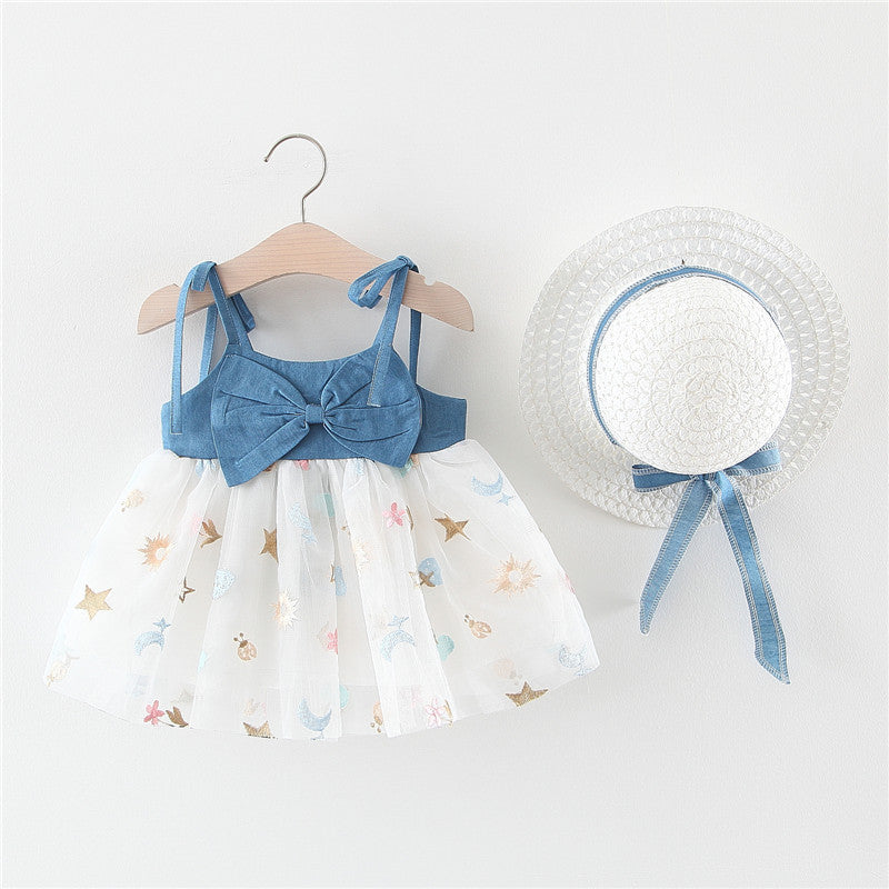 Cute Baby Girl Denim Big Bow Suspender Dress