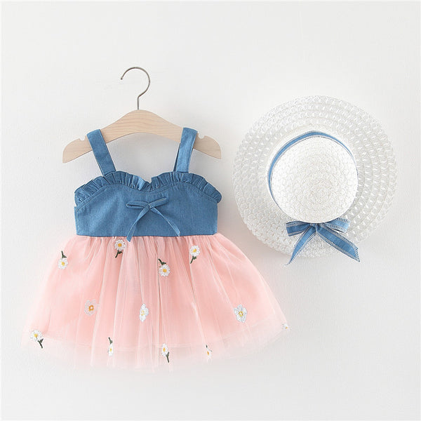 Baby Dress Denim Suspender Mesh Splicing Princess Dress