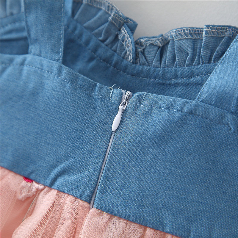 Baby Dress Denim Suspender Mesh Splicing Princess Dress