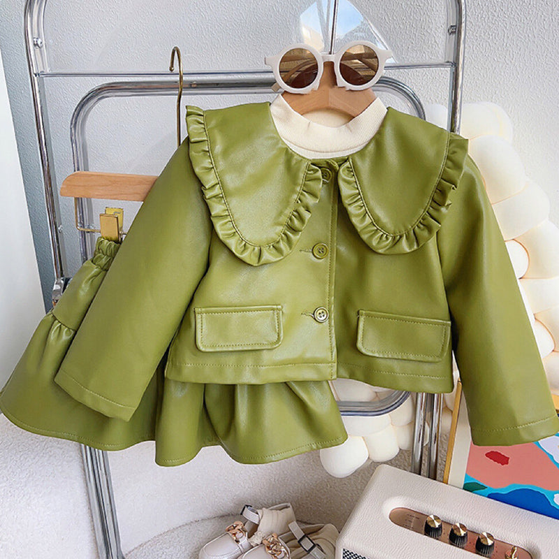 Girls Doll Collar Green Leather Two-piece Set